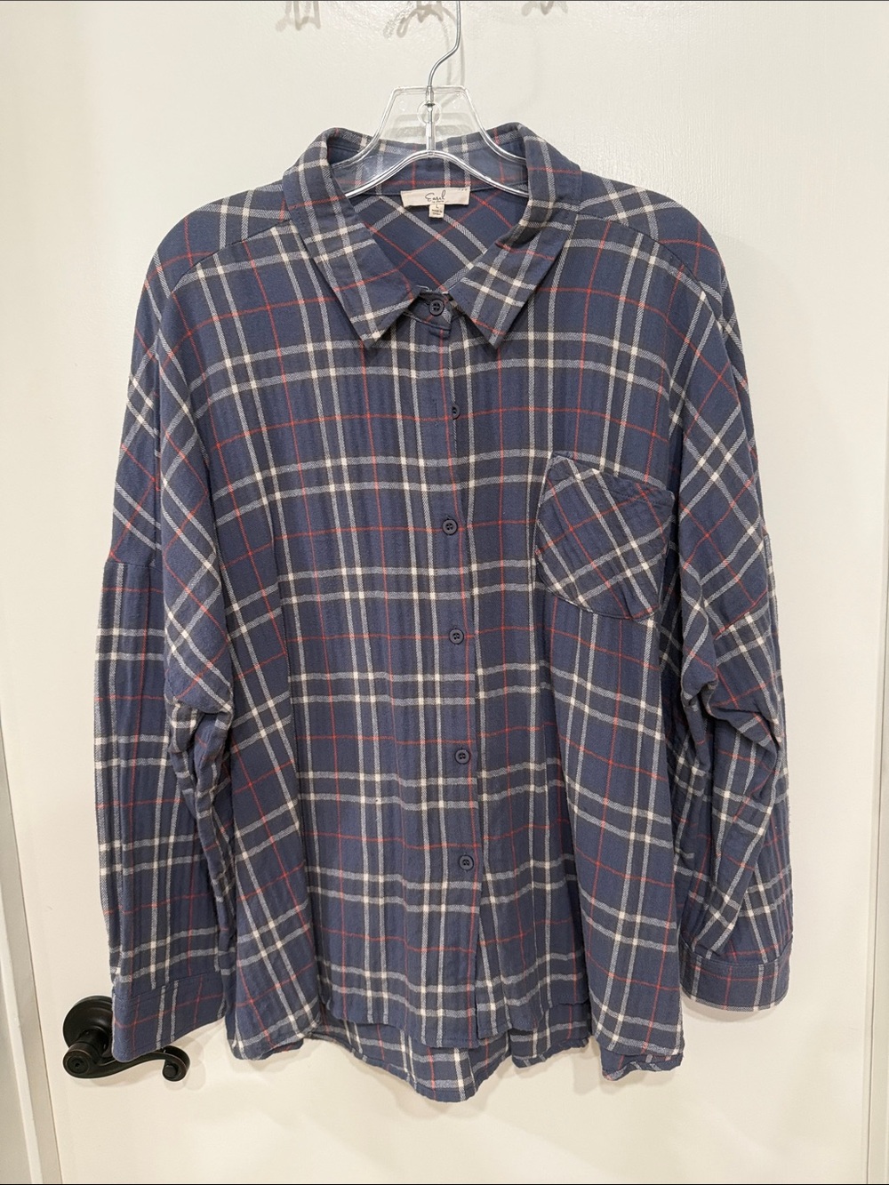 Easel Blue Plaid Button-Down Shirt with Red and White Accents